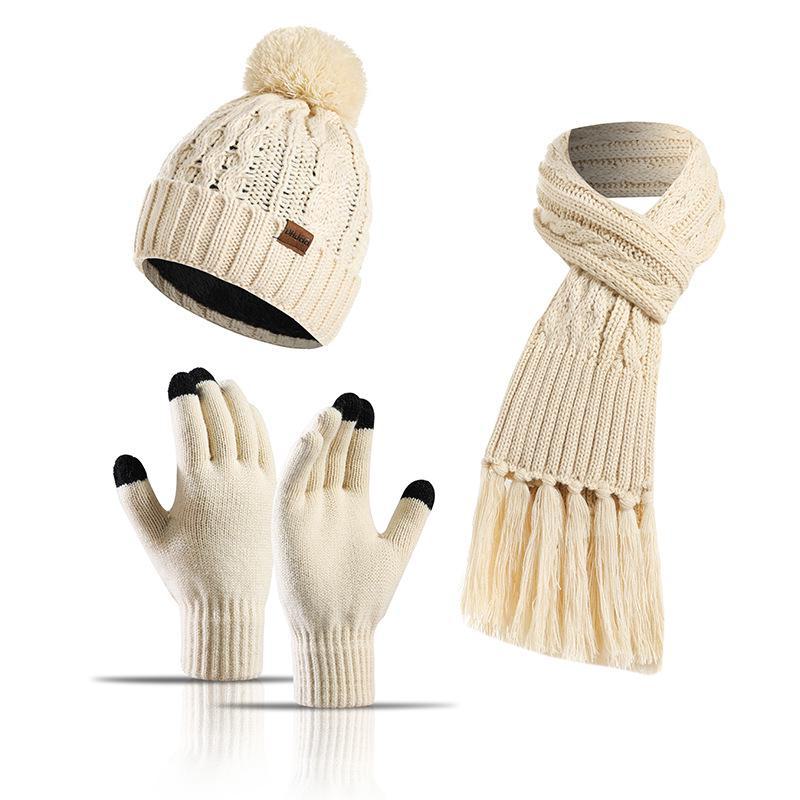 New Colorful Knitted Wool Hat, Scarf, and Touchscreen Glove Set for Autumn and Winter