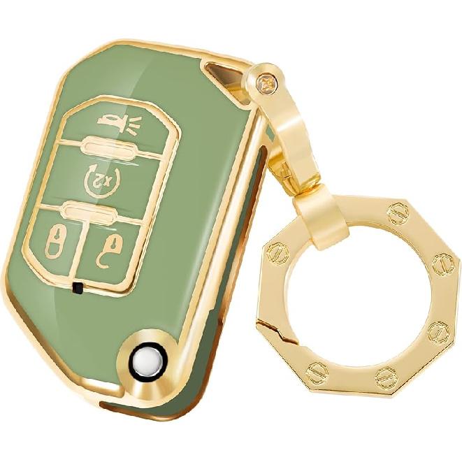 YHC for Jeep Key Fob Cover Car Key Case Shell with Gold Keychain fit Wrangler Gladiator JL JLU JT
