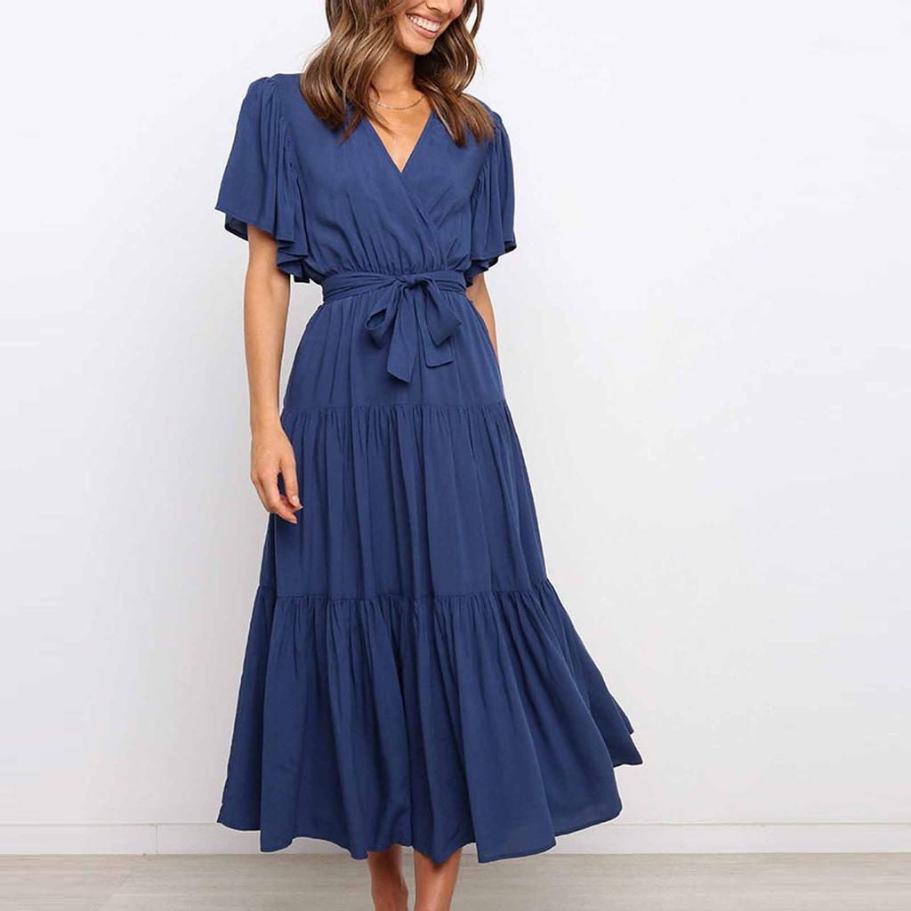 Women's Casual Fashion Color V-neck Lace-up Flared Sleeve Splicing Dress