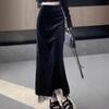Eleganter schwarzer High-Waist-Midi-Rock aus Samt mit Spitze und Schlitz für Damen