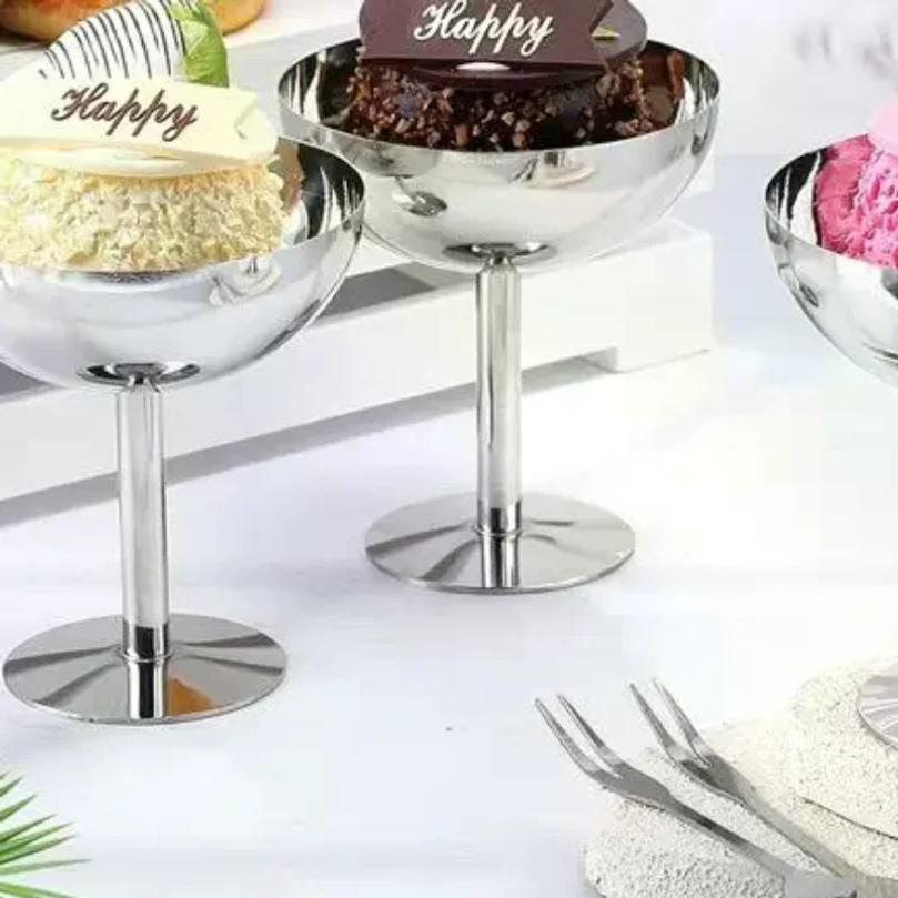 New Ice Cream Footed Bowls Stainless Steel Reusable Dessert Cups Set For Sundae Fruit Snack Party Dessert Bowl Round Yogurt Cup