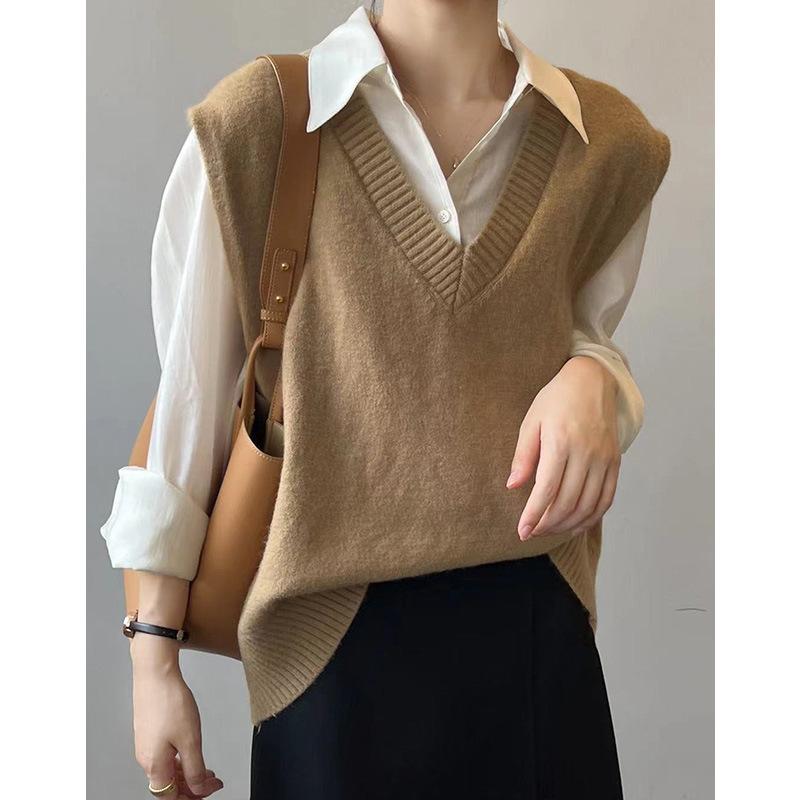 V-neck Knitted Vest Women's Spring Clothes Loose Casual Sweater Vest Inner Layer Top