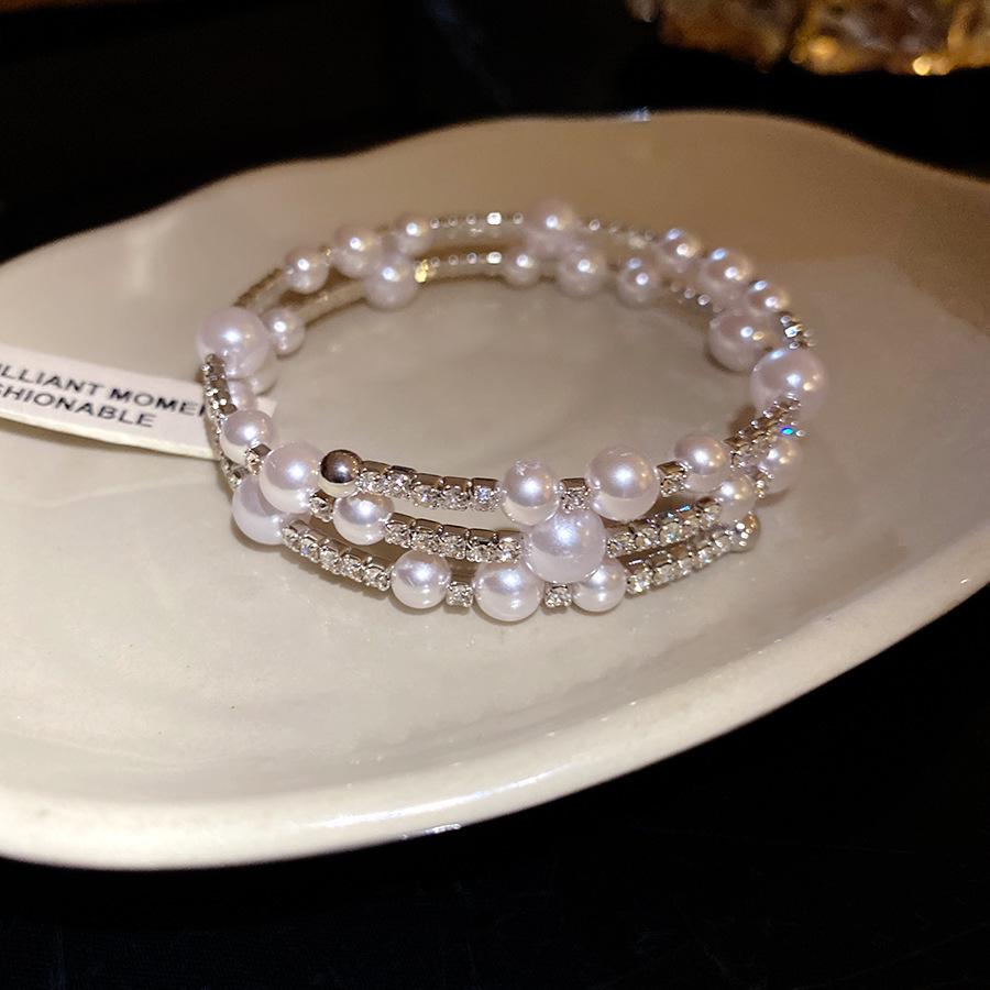 Iridescent Pearl and Diamond Multi-Layer Open Cuff Bracelet - Exquisite European and American Design