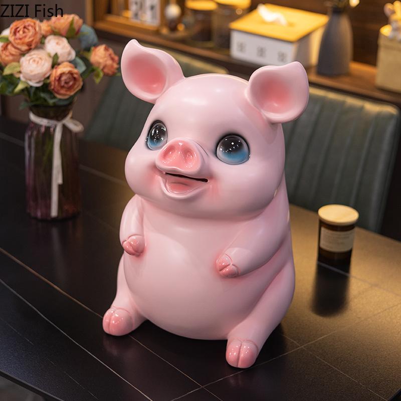 Cute Cartoon Pig Child Savings Jar Creative Piggy Bank Desk Decoration Ornaments Animal Resin Sculpture Room Aesthetic Decor