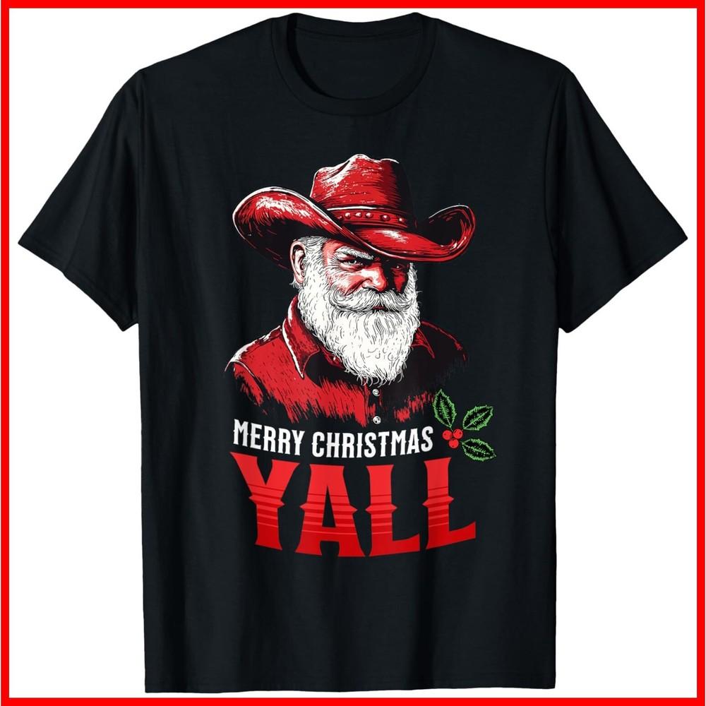 Merry Christmas Yall Cowboy Santa Texas Western Howdy Xmas Black Cotton T-Shirt Unisex T-Shirt S
