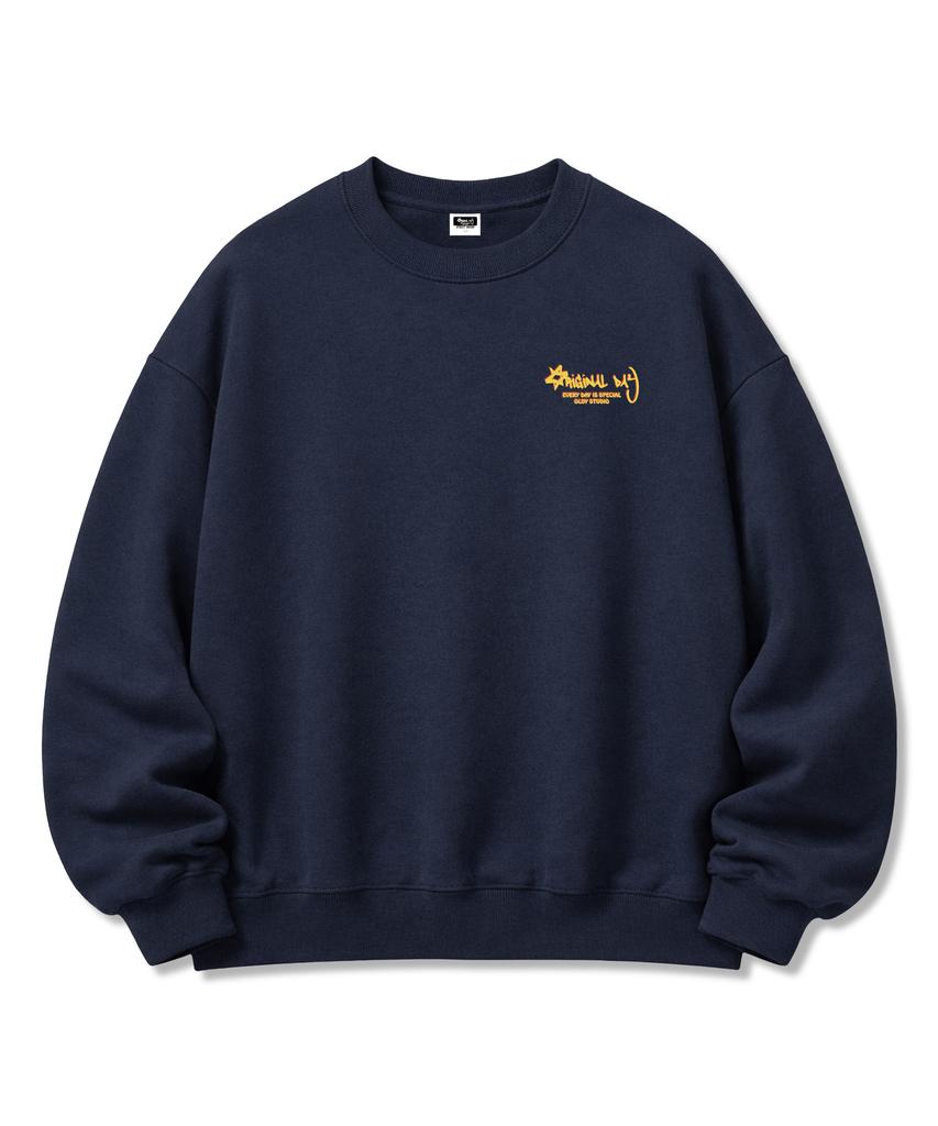 ORIGINALDAY [Fleece Line Option] Jelly Cat Oversized Long Sleeve Sweatshirt Navy