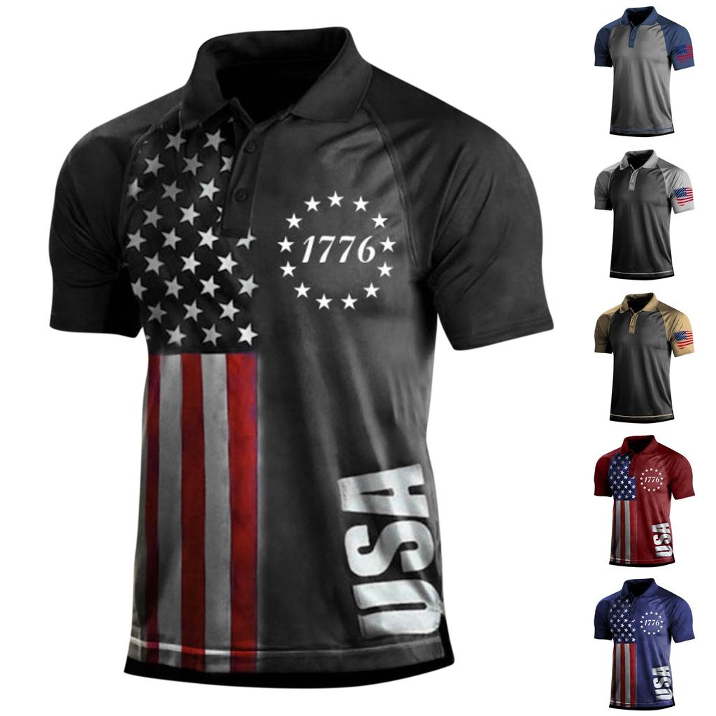 Men's Short Sleeved Shirt Independence Day Printed Three Button Men's Raglan Tops Shirt