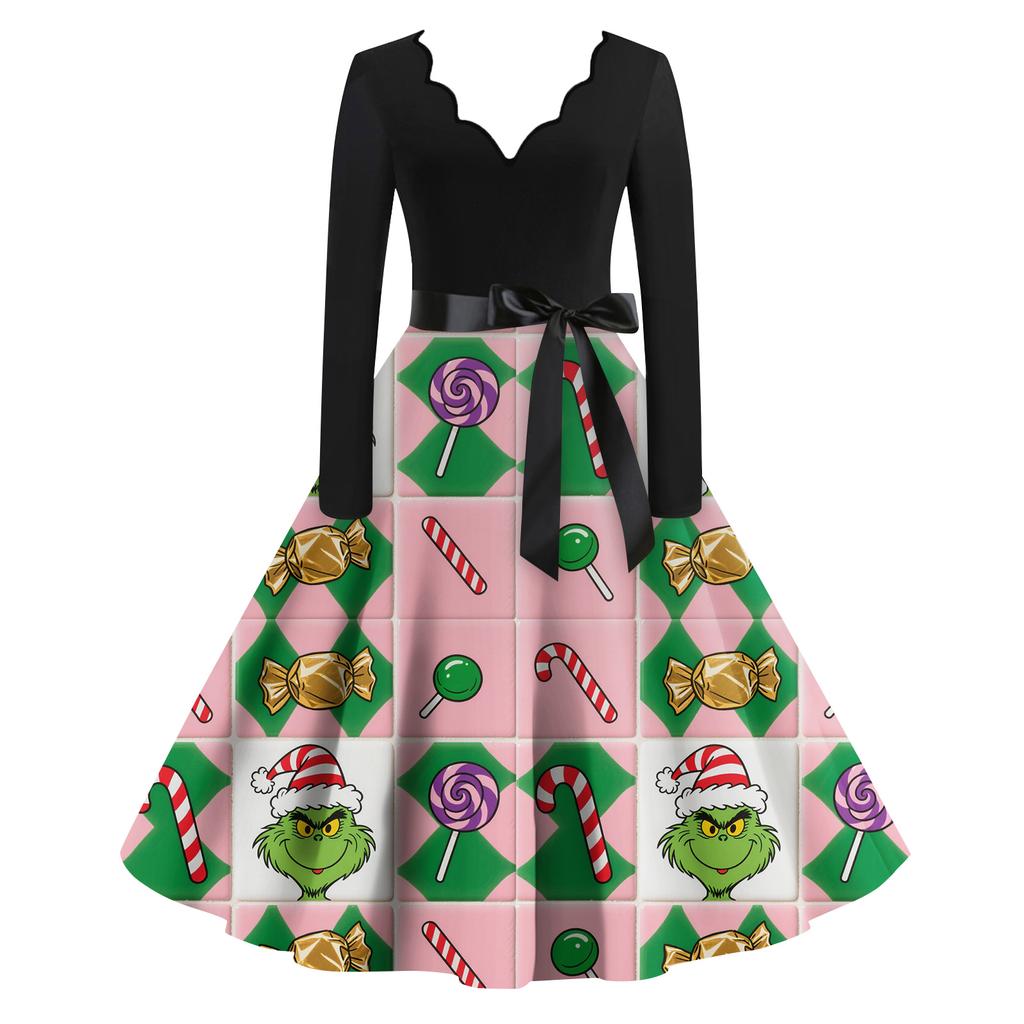 Ladies' Fashionable Retro Long Sleeved Square Neck Christmas Printed Evening Dress Dress