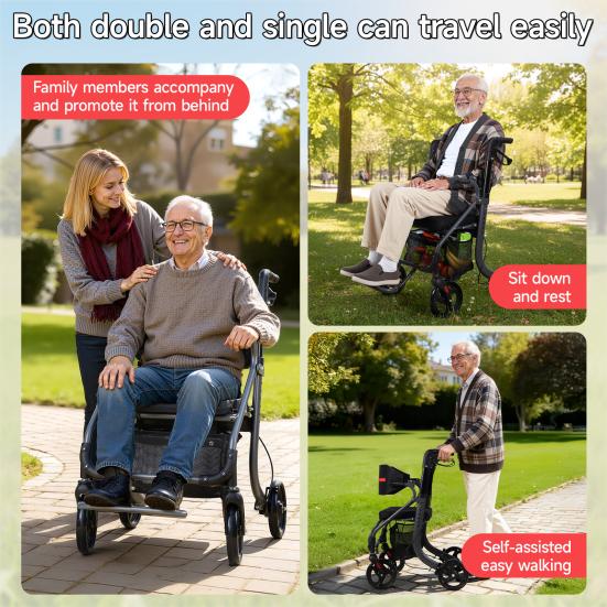 Walkers for Seniors, 8" Big Rubber Wheels All Road Rollator Walker with Seat, Foldable Height Adjustable Rolling Walker, Lightweight Aluminum Alloy
