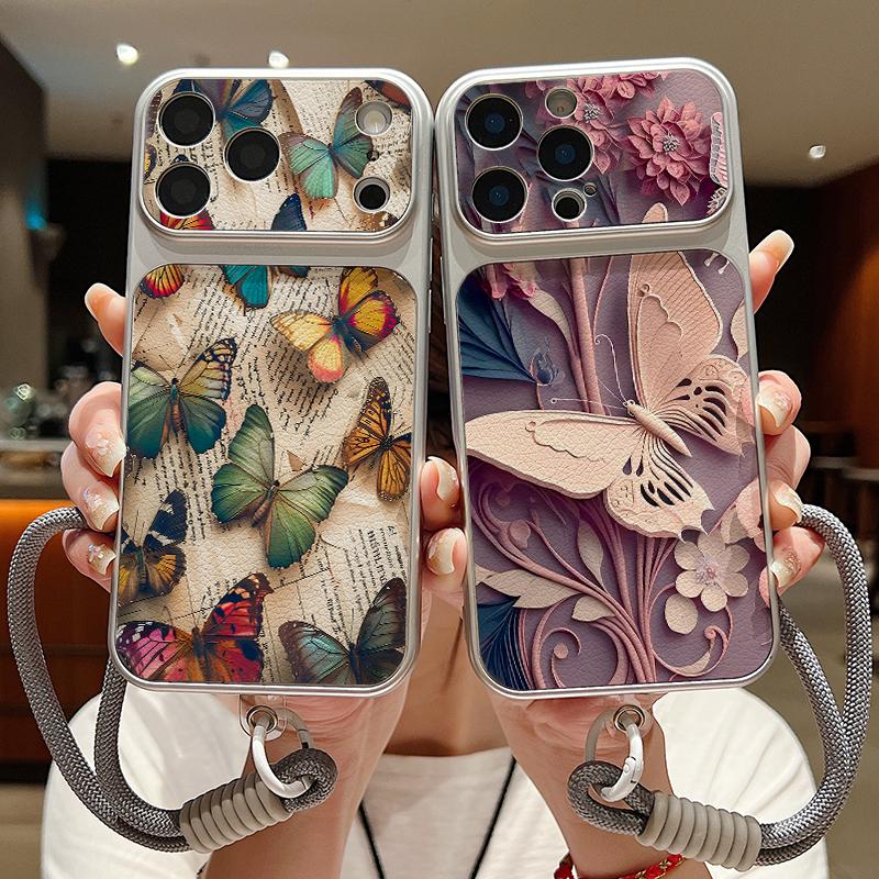 Colorful Butterfly Pattern Leather Lanyard Case For iPhone 18 Pro Max 17 16 15 14 13 Pro Max Luxury Hybrid TPU+PU Anti-skid Soft Phone Cover
