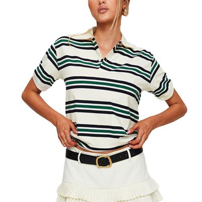 Women Summer Basic T-Shirt Casual Striped Print Lapel Short Sleeve Tops for Streetwear Aesthetic Grunge Clothes
