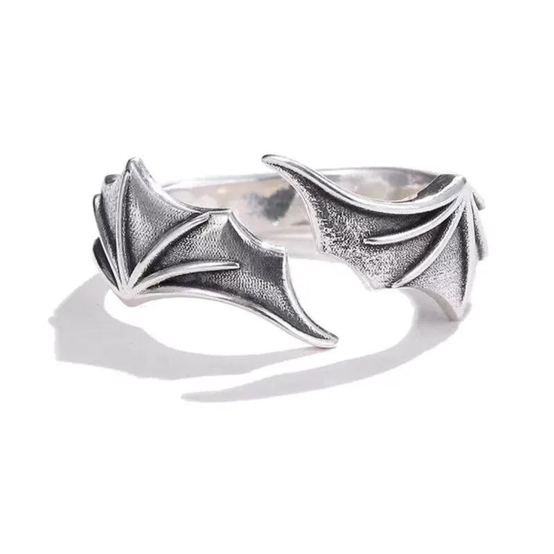 Huitan 2pcs/pack Vintage Angel Wing Demon Eye Hip Hop Adjustable Couples Rings for Men Women Retro Silver Color Jewelry