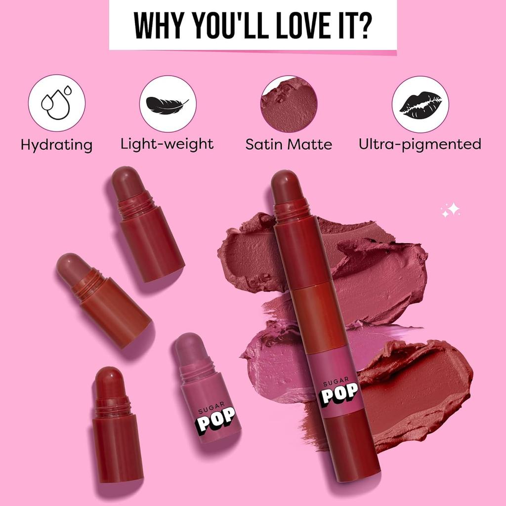 SUGAR POP 4 in 1 Lip Twist Stackable Satin Matte Lipstick Travel Friendly Multi Use Makeup Set 6.4g Bare Perfection