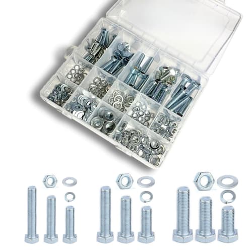 Hex Bolt, Nut, and Washer Set with Storage Case, Fully Threaded, M6, M8, M10, Carbon Steel, Electroplated