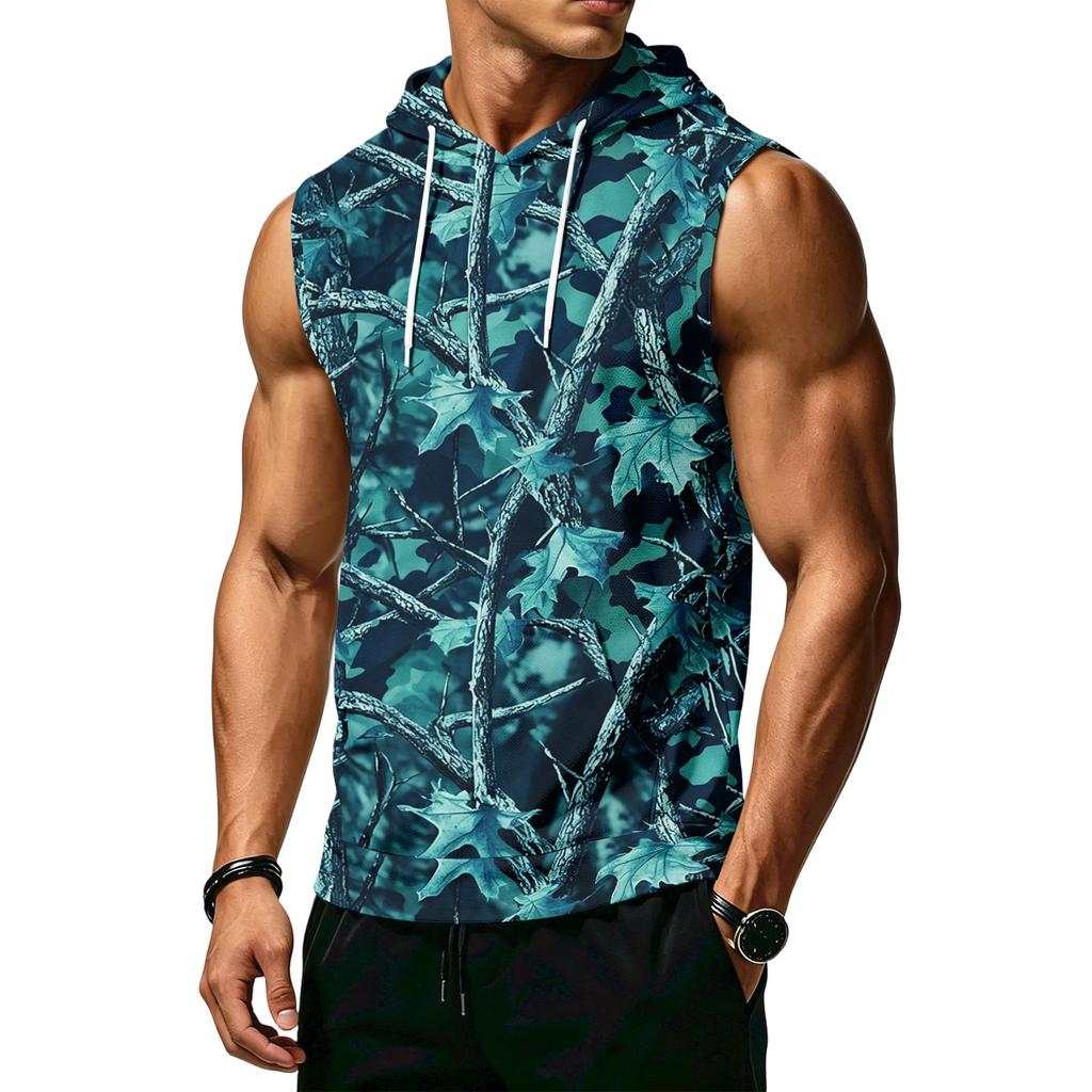Men’s Athletic Sleeveless Hoodie with Drawstring Hood and Front Pocket Casual Loose Fit Camouflage Patterned Vest Top