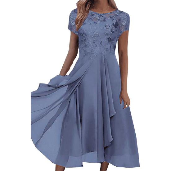 O-Neck Short Sleeve Waist Tight High-waisted Evening Dress Elegant Embroidery Lace Floral