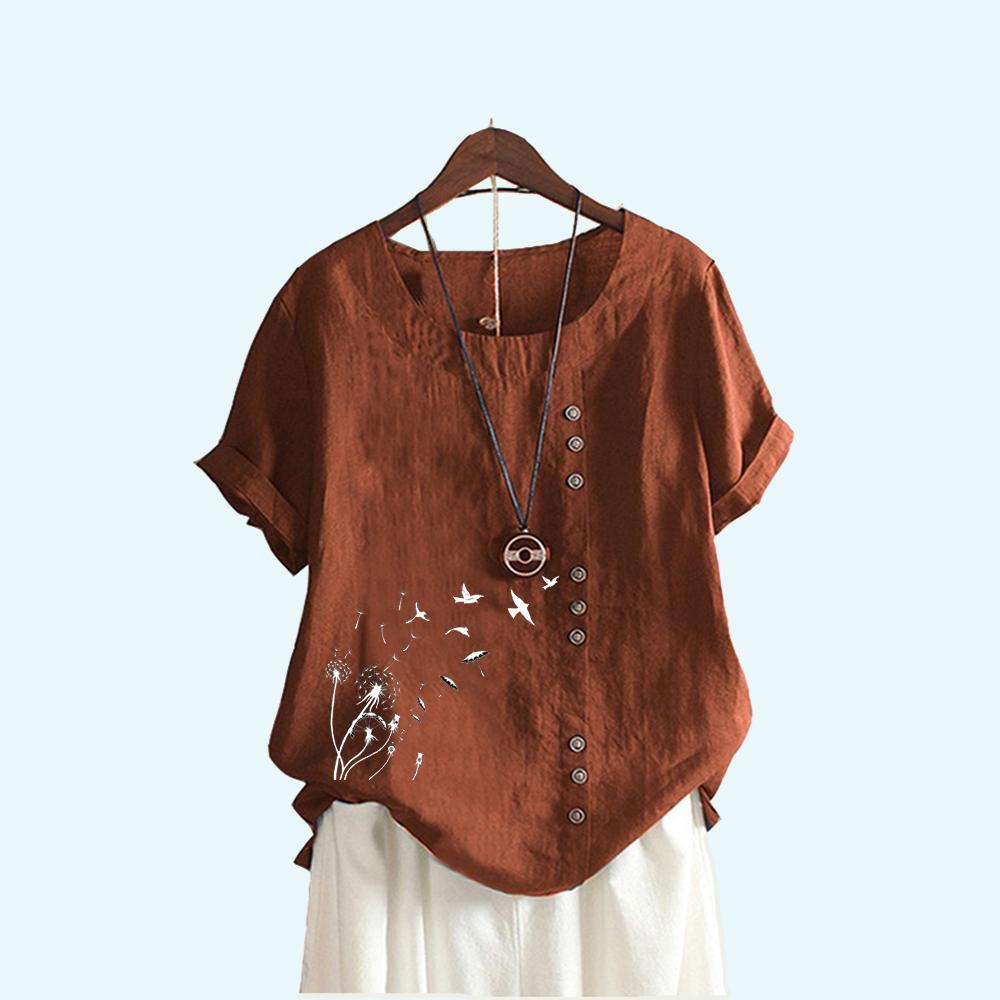 Frauen Mode Kurzarm T-shirt Sommer & Herbst Casual Rundhals Floral Print Top Pullover Lose Baumwolle Leinen Blusen