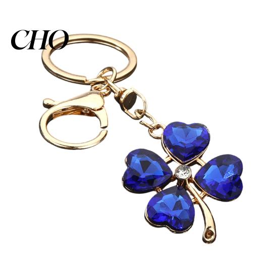 Blue Rhinestone Keychain Pendant Sparkling Rhinestones Four-Leaf Clover Design Key Chain with Lobster Clasp Easy To Hang Holder Backpack Car Accessory