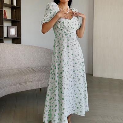 Dopamine Wears New Women's Sexy V-neck Puff Sleeve French Elegant Floral Dress