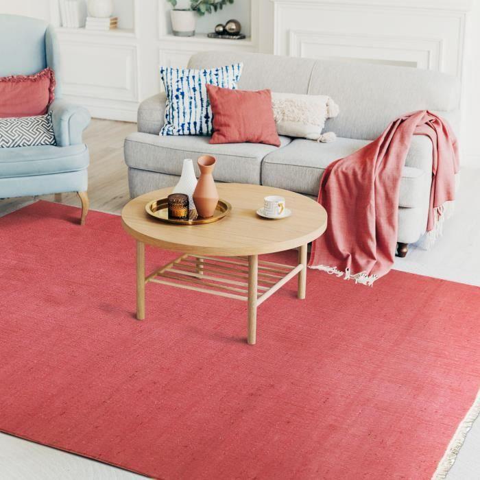 Tapis en jute et coton avec franges terra cotta 120x170