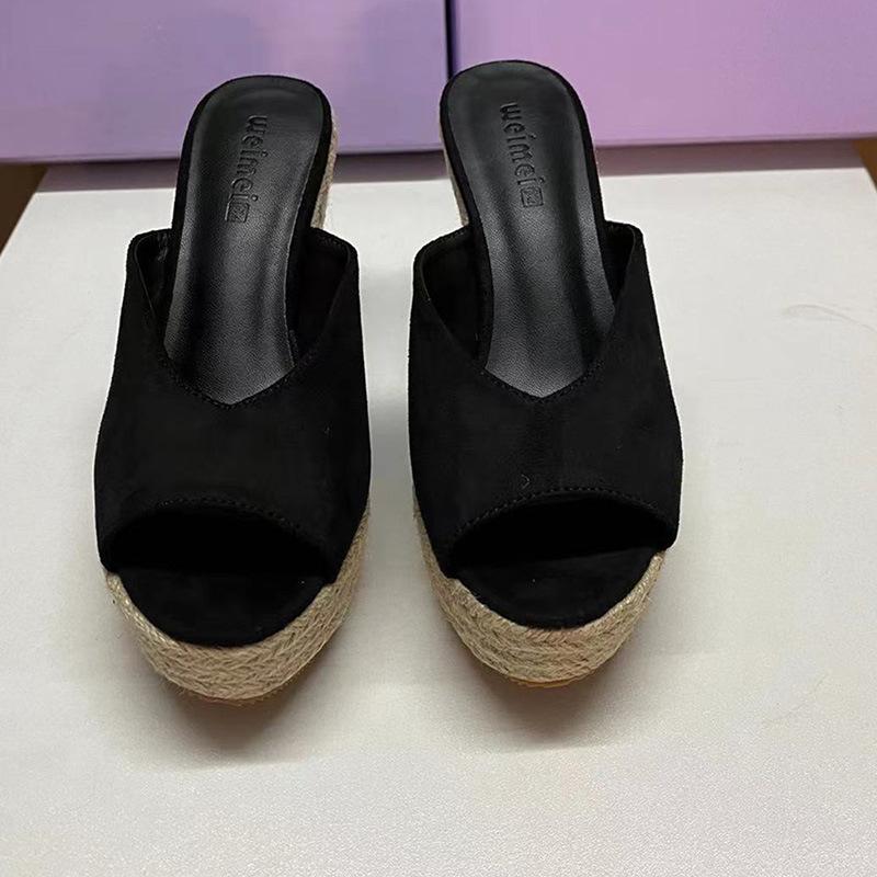 

Туфли на высокой платформе 2025 весна и лето новая женская обувь популярный открытый носок «рыбий рот» носить плетеные эспадрильи на танкетке 36 чёрный