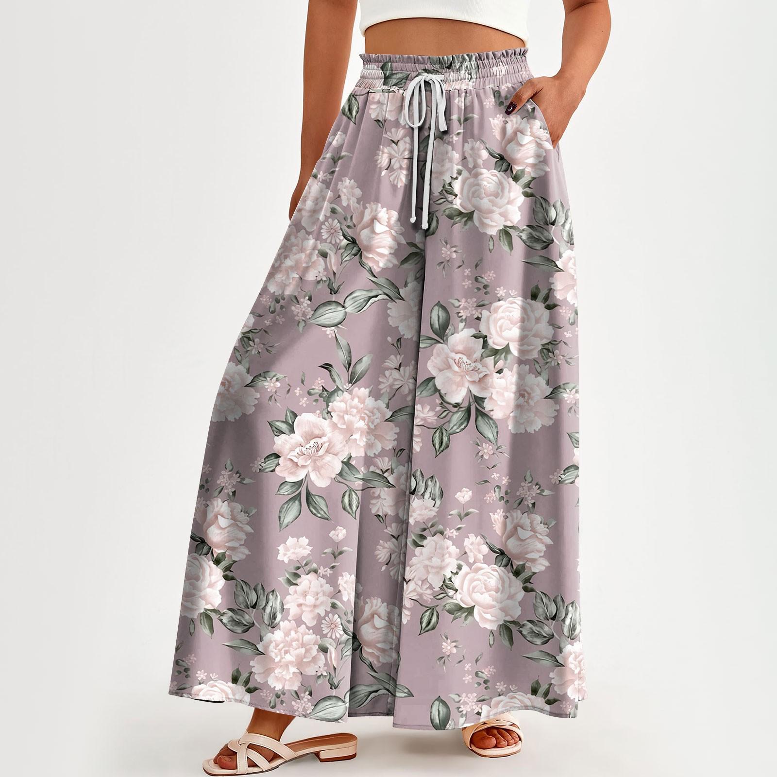 

Женские брюки с высокой талией, широкие, повседневные, струящиеся брюки-палаццо, брюки с цветочным принтом и карманом XXL светло-розовый