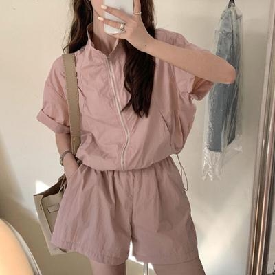 2 Pcs/Set Women Top Shorts Set Zipper Closure Short Sleeves Stand Collar Sunscreen Blouse Elastic High Waist Loose Pants Casual Sportwear Tracksuit