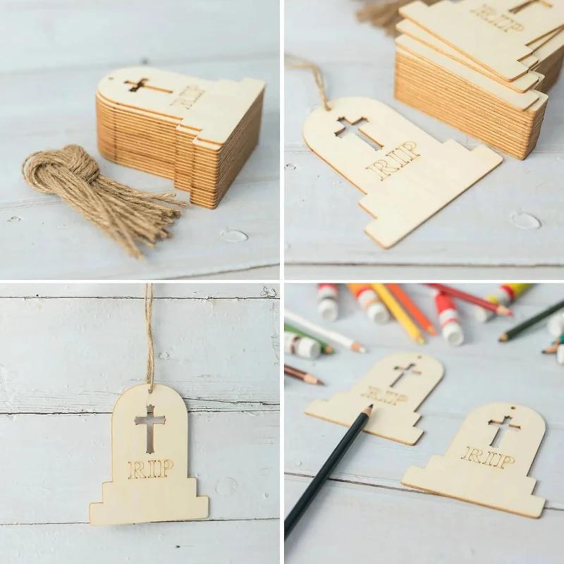 Top Quality Unfinished Wooden Tombstone Ornaments, 20pcs, Wood Material, Perfect for Halloween, Christmas