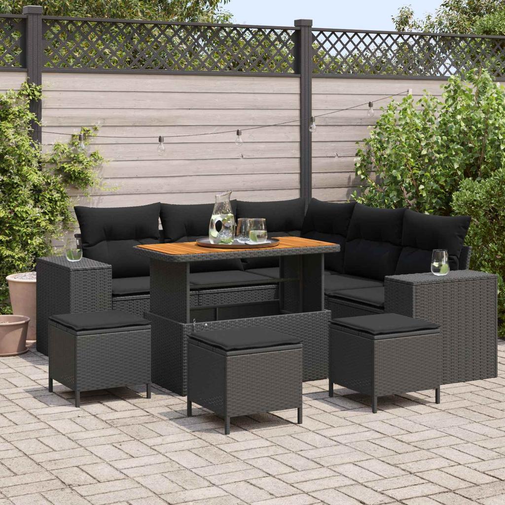 Garden Sofa Set with Cushions 9 pcs Black Poly Rattan