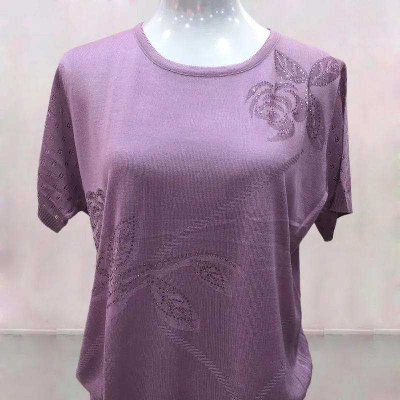 Women's Casual Knit T-shirt Round Neck Short Sleeve Hollow Out Top with Rhinestone Floral Pattern