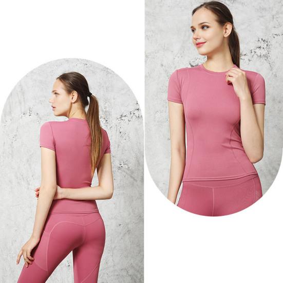 Women Sports Top Solid Color High Elastic Quick Drying Workout Shirt Short Sleeve Crew Neck Gym Apparel for Yoga Fitness
