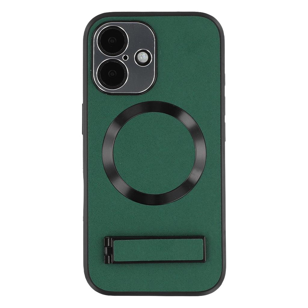 For iPhone 16 Kickstand Case Compatible with MagSafe PC+TPU+PU Phone Back Cover