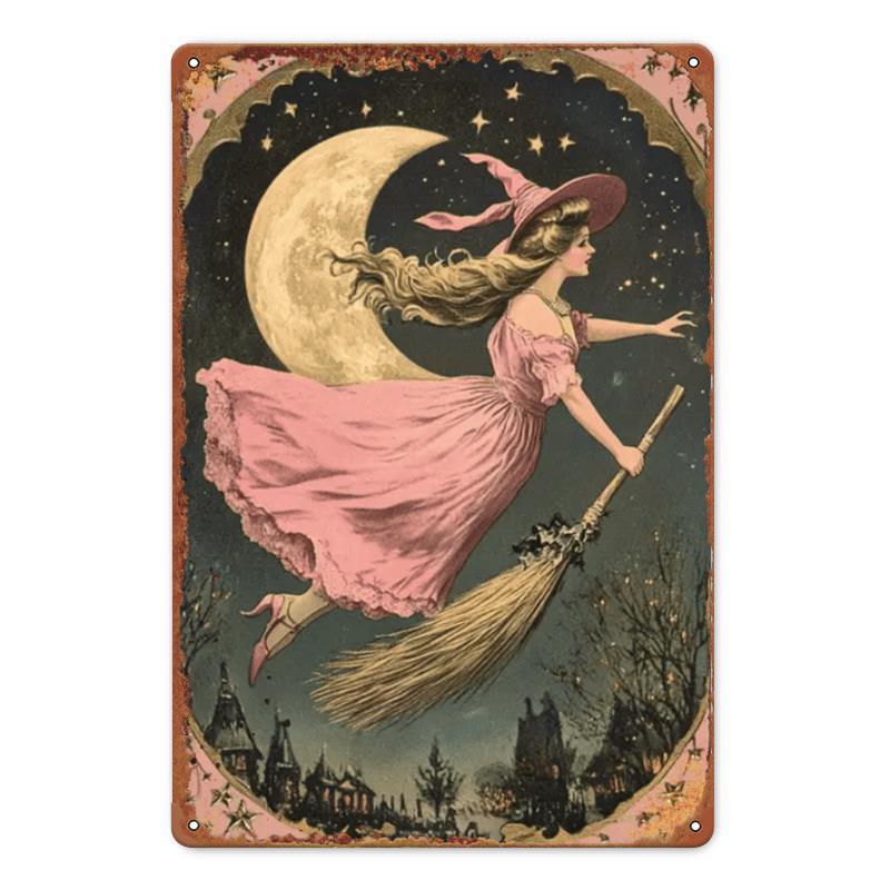 Vintage Pink Witch Metal Sign Antique Iron Wall Art EasyHang PreDrilled Weatherproof for Home Bar Cafe Farmhouse Deco