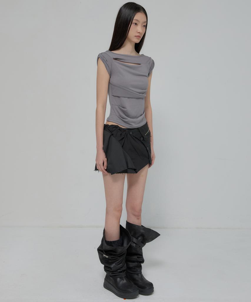 Peulleeoeob Asymmetrical Layered Mini Skirt (Fl-267_Black)