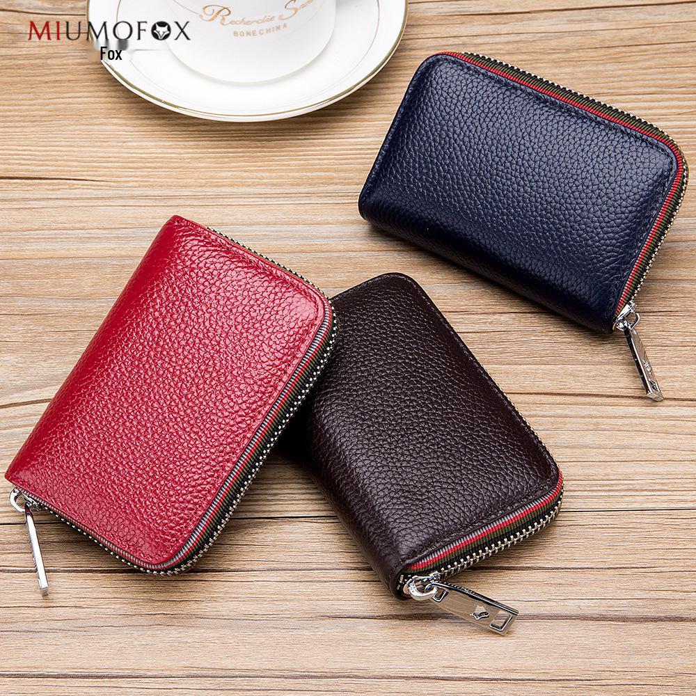 Fashionable RFID Accordion Cowhide Card Holder with Zipper for Ladies and Men