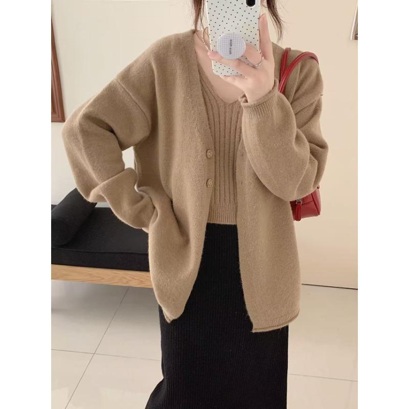 Lazy Wind Knitted Sweater Cardigan Sweater Jacket Top with V-neck Sling Vest Simple Two-piece Set Women