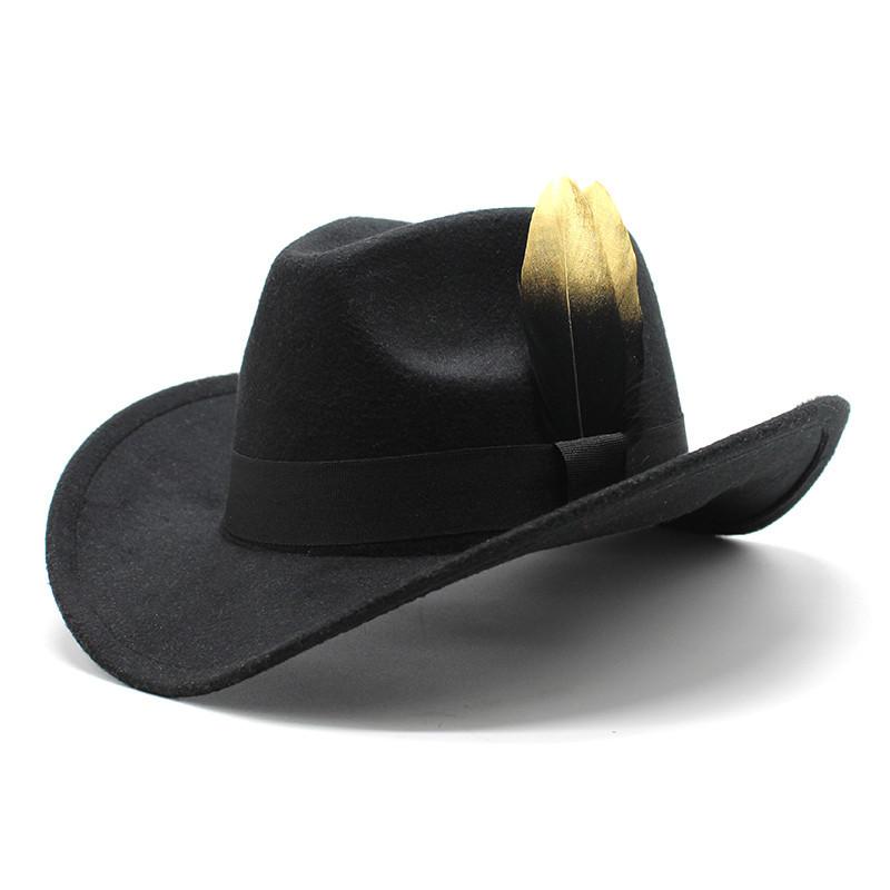 Western Cowboy Hat Feather Woolen Jazz Top Hat Men And Women Ethnic Style Felt Hat Big Eaves Hat