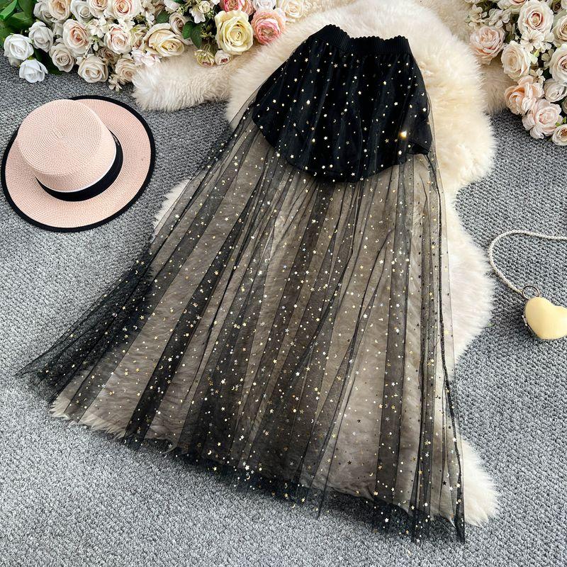 

High-End Elegant Starry Sky Shiny Skirt for Women Summer High Waist Slimming Drape Elegant Mesh Big Hemline Midi dress Black XL