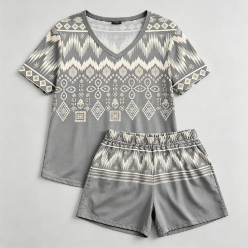 Summer Geometric Wavy Lines Pattern Printed V- Neck Short Sleeved T-Shirt And Shorts Set Women's and Men's T-shirt Shorts Set