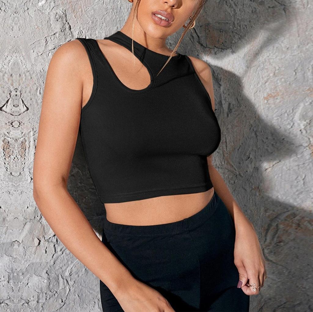 Women's Sexy Hot Girl Fashion Design Sleeveless Sports Vest Slim Ultra Short Sexy Hollow Round Neck Solid Color Top