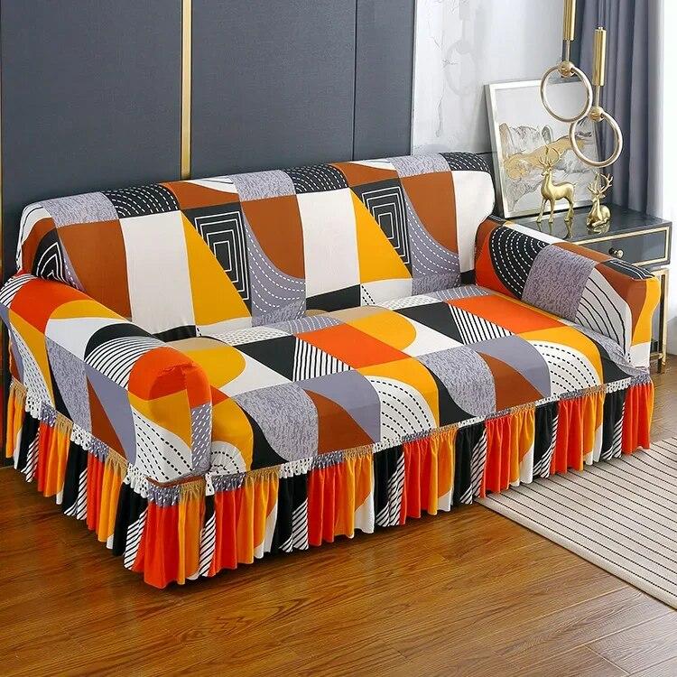 

Вязаные эластичные чехлы для диванов с принтом для гостиной с юбкой, эластичный чехол для кресла, дивана, 1/2/3/4 местный угловой протектор 3 Seat(190-230cm)