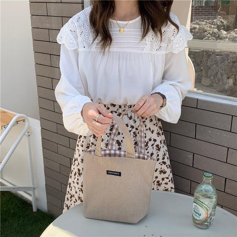 Versatile Double-sided Checkered Canvas Bag Stylish Handheld Tote For Students