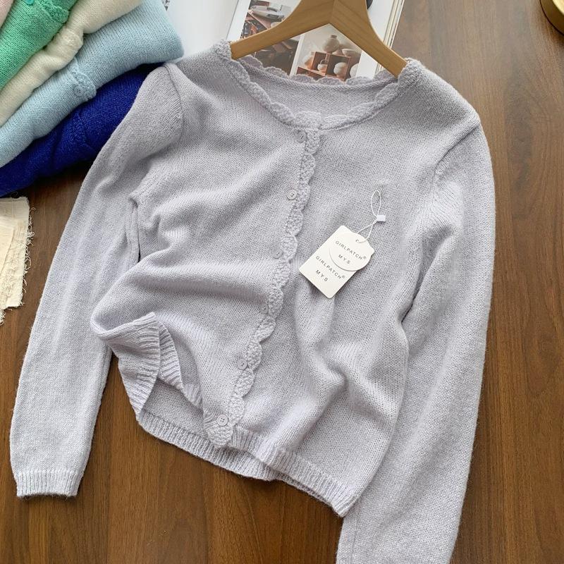 Women's Long Sleeve Cardigan Crew Neck Casual Knit Sweater Solid Color Soft Texture Knitwear Outerwear