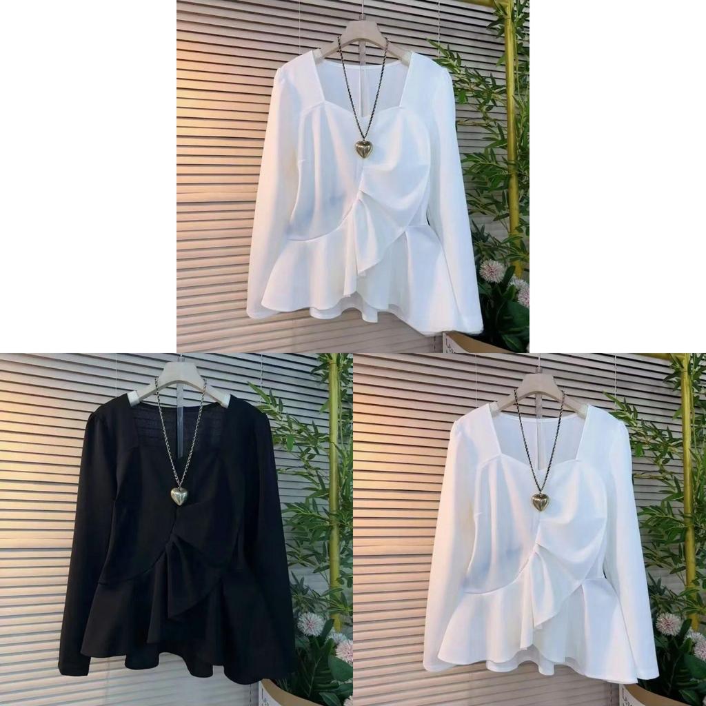 Simplicity Long Sleeved Top With Solid Color And Pleated Design For Spring Private Style