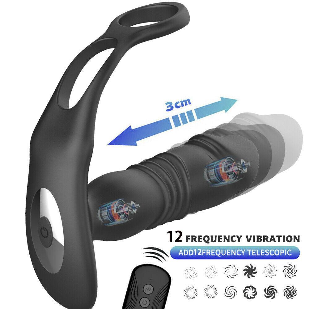 3 in 1 Thrusting Anal Vibrator Remote Control Dildo Prostate Stimulator Massager Delay Ejaculation Cock Ring Sex Toy for Men Anal Plug with Telescopic