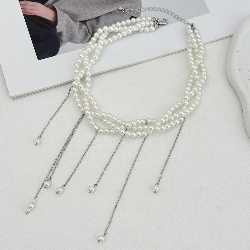 Elegant Multilayer Imitation Pearl Choker Necklace For Women Vintage Creative Tassel Pendant Necklace Wedding Jewelry