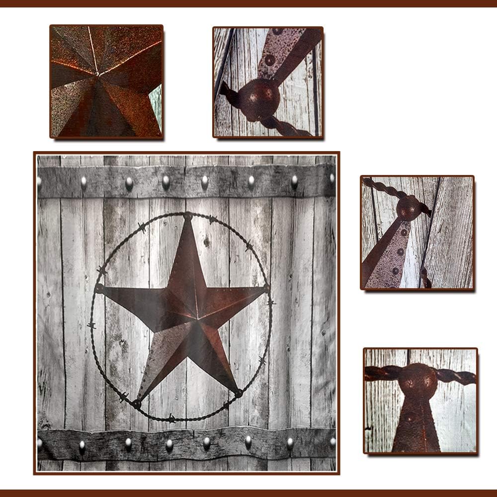 JAWO Rustic Barn Door Shower Curtain Set Southwestern Gray Wood Western Star Bathroom Decor, Farmhouse Bath Accessory Decor, Fabric Cloth Curtains,