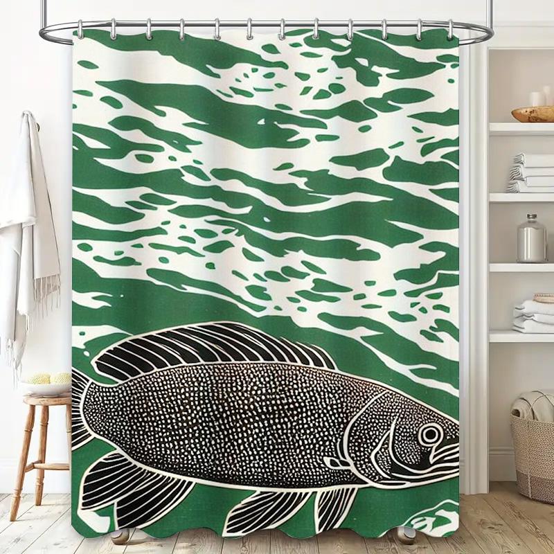 Modern Boho Style Fish Print Shower Curtain Waterproof Fabric For Bathrooms In Green White Camouflage Design