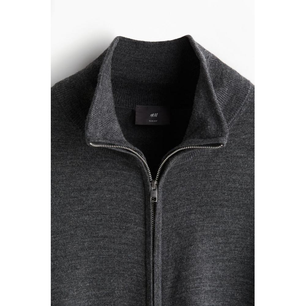 H M sliM Fit Merino Wool Zip Up Cardigan Dark Grey