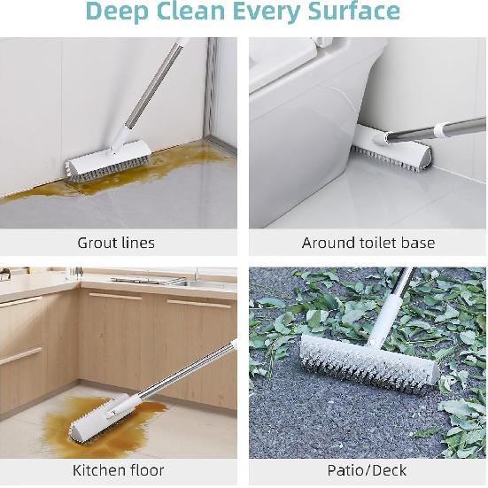 MOPALL Floor Scrub Brush With Long Handle 55", Dual-Sided Stiff Bristle Grout Brush With 180° Rotatable V-Shape Head, Heavy Duty Shower Cleaning